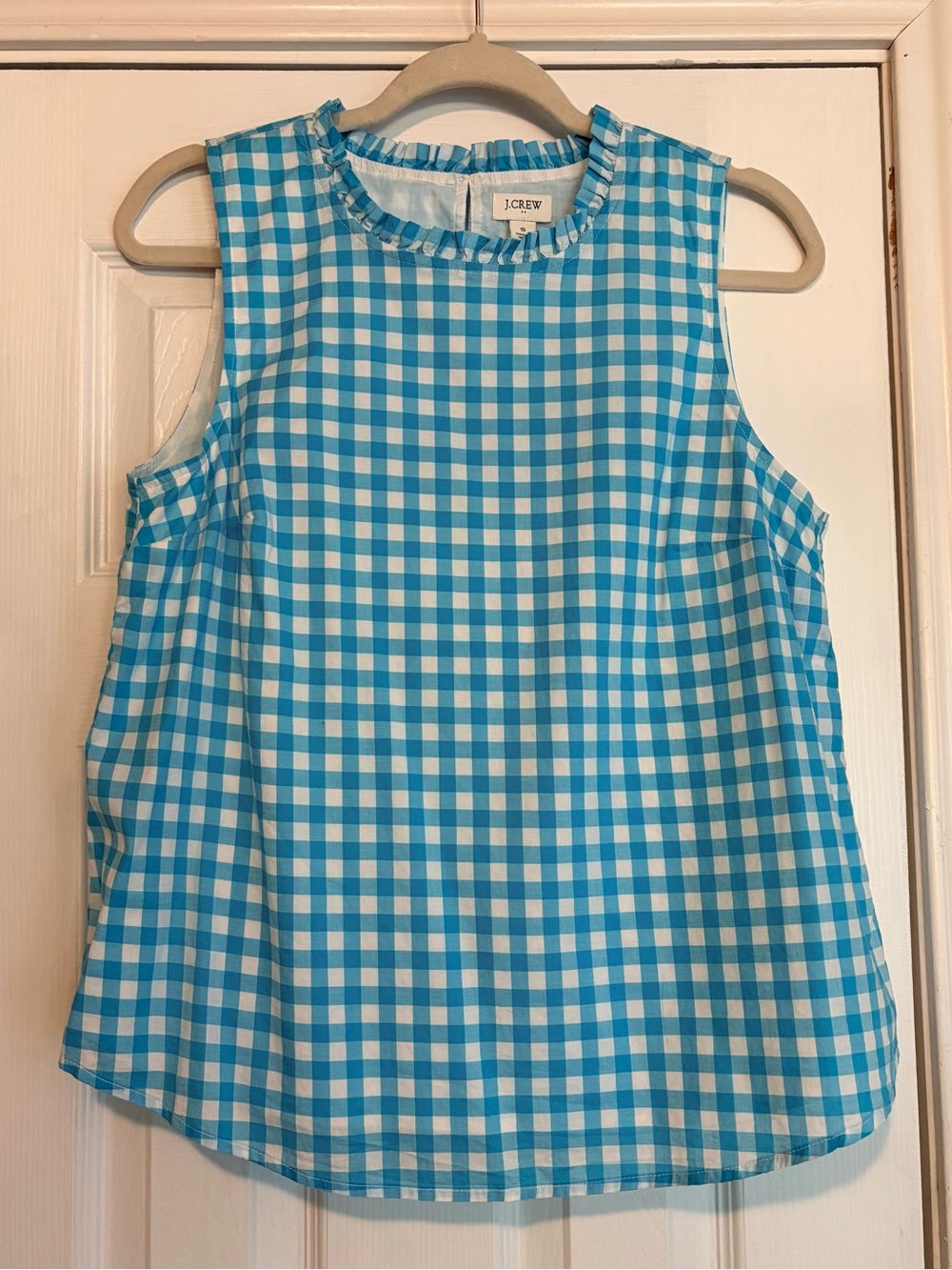 J. Crew Blue and White Gingham Ruffle-Neck Sleeveless Top